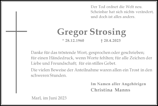 Traueranzeige von Gregor Strosing von Medienhaus Bauer