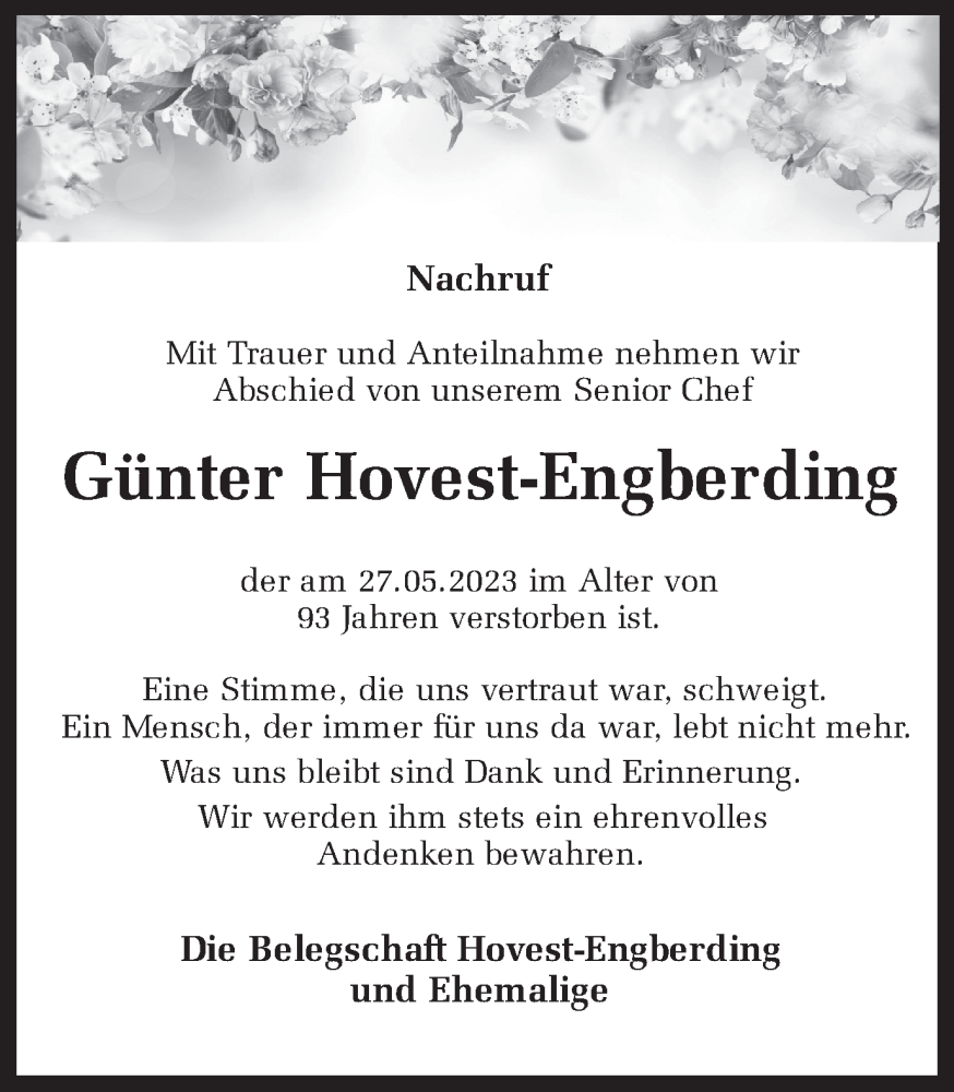  Traueranzeige für Günter Hovest-Engberding vom 10.06.2023 aus Münstersche Zeitung und Münsterland Zeitung