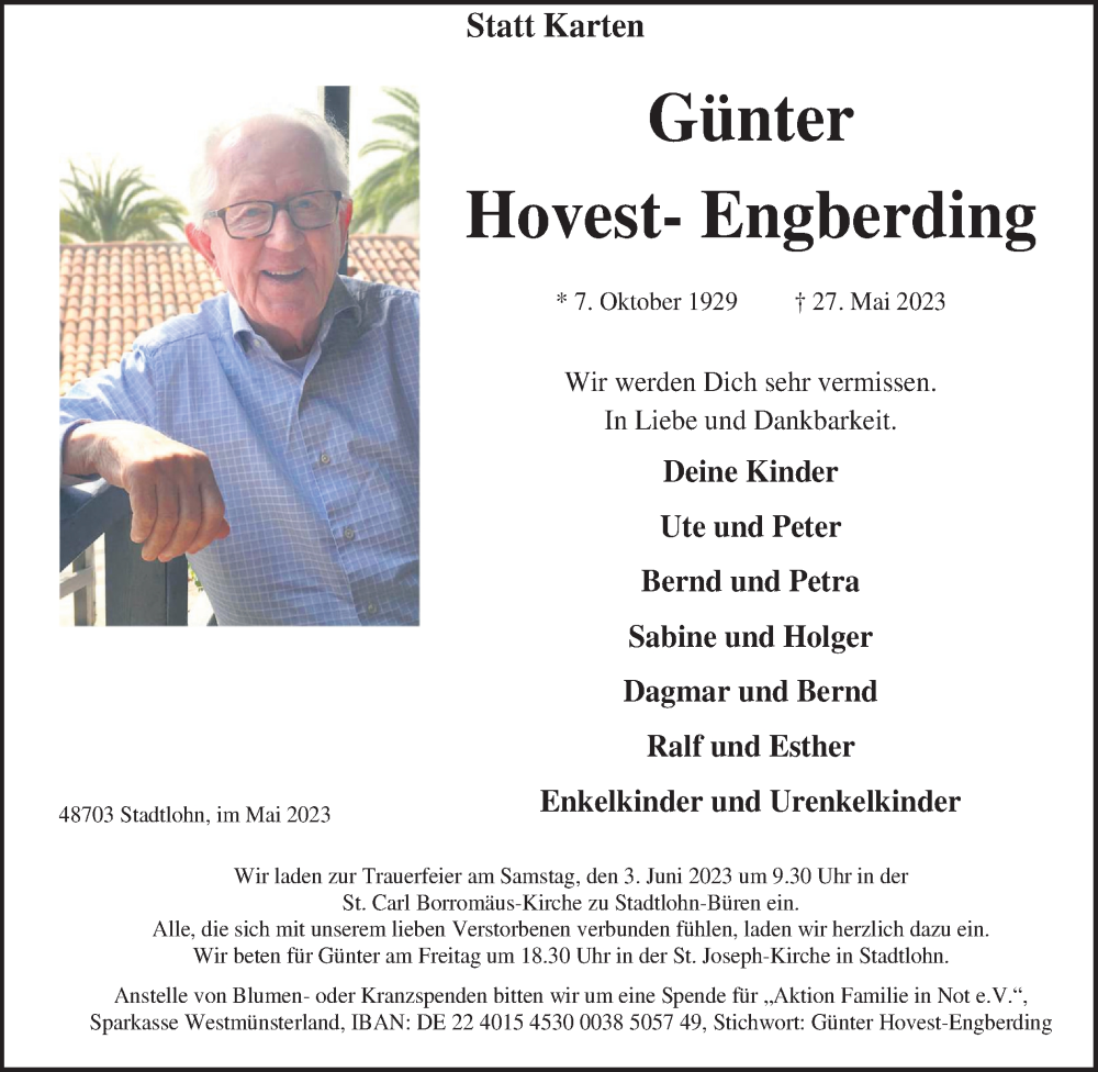  Traueranzeige für Günter Hovest-Engberding vom 01.06.2023 aus Münstersche Zeitung und Münsterland Zeitung