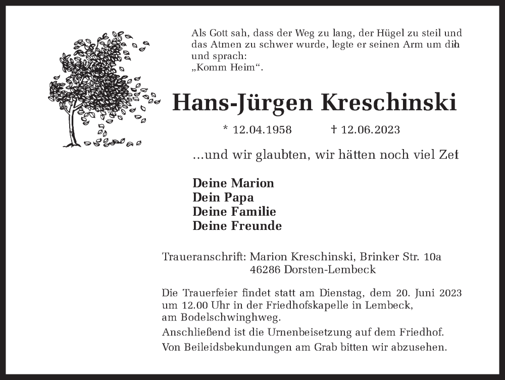 Traueranzeige für Hans-Jürgen Kreschinski vom 16.06.2023 aus Ruhr Nachrichten und Dorstener Zeitung