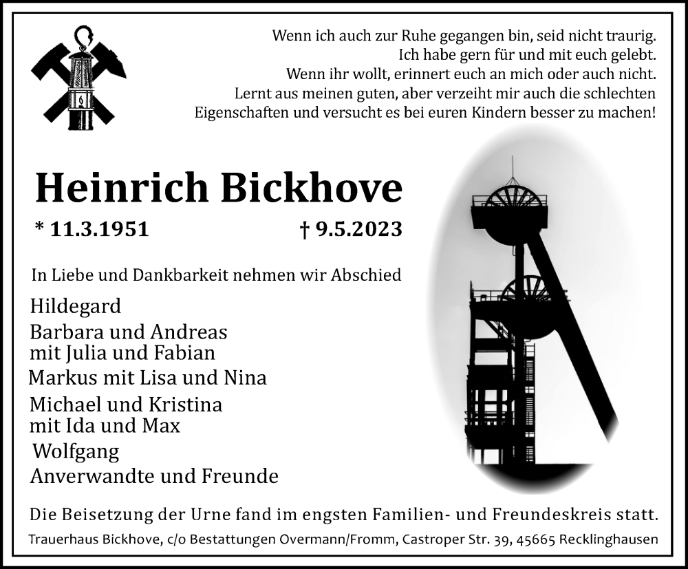  Traueranzeige für Heinrich Bickhove vom 03.06.2023 aus Medienhaus Bauer