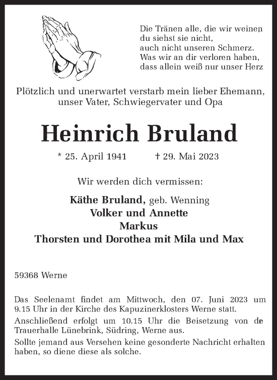 Traueranzeige von Heinrich Bruland von Ruhr Nachrichten