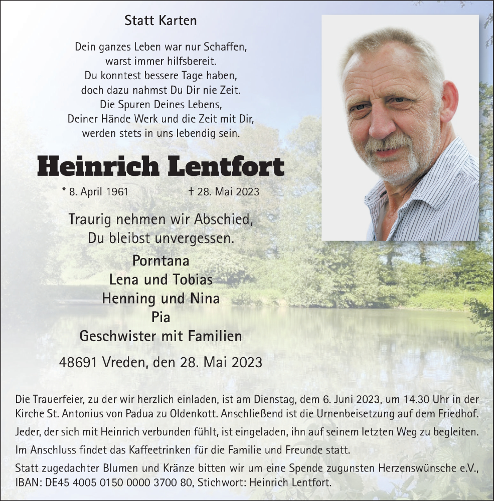  Traueranzeige für Heinrich Lentfort vom 03.06.2023 aus Münstersche Zeitung und Münsterland Zeitung