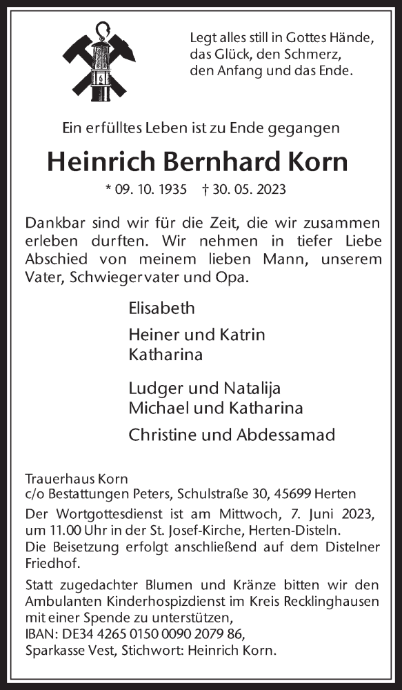  Traueranzeige für Heinrich Bernhard Korn vom 03.06.2023 aus Medienhaus Bauer