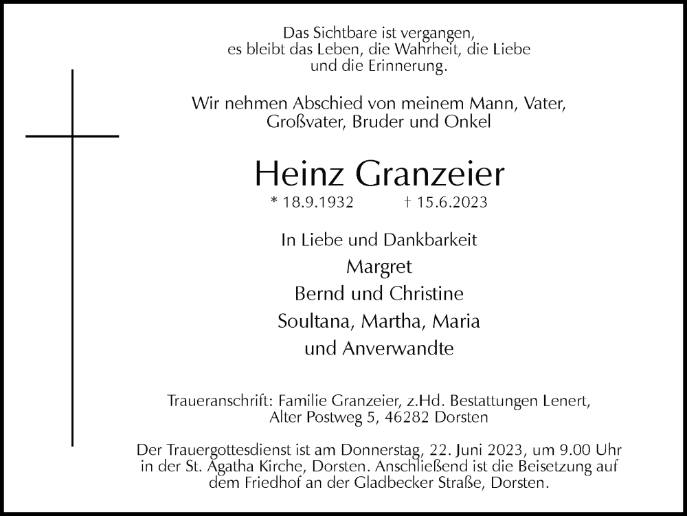  Traueranzeige für Heinz Granzeier vom 17.06.2023 aus Ruhr Nachrichten und Dorstener Zeitung