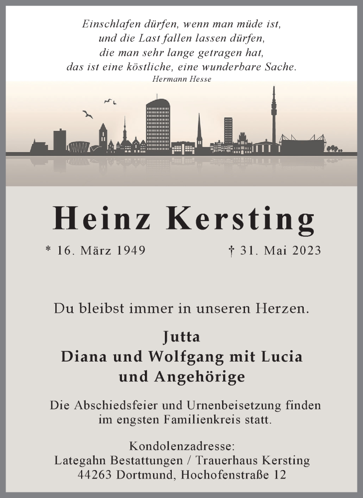  Traueranzeige für Heinz Kersting vom 10.06.2023 aus 