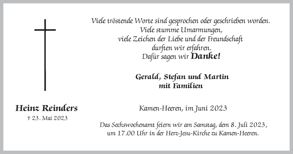  Traueranzeige für Heinz Reinders vom 24.06.2023 aus Hellweger Anzeiger