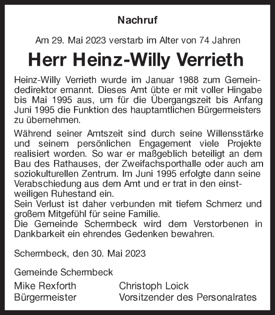 Traueranzeige von Heinz-Willy Verrieth von Ruhr Nachrichten und Dorstener Zeitung