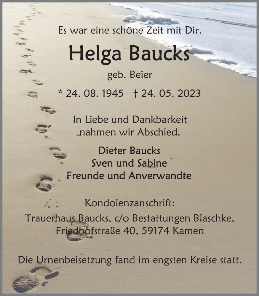 Traueranzeige für Helga Baucks vom 03.06.2023 aus Hellweger Anzeiger