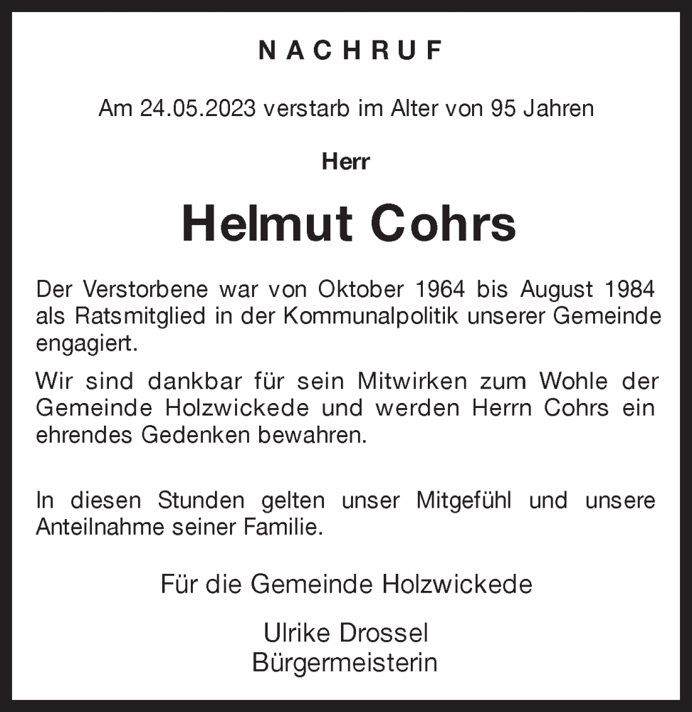  Traueranzeige für Helmut Cohrs vom 02.06.2023 aus Hellweger Anzeiger