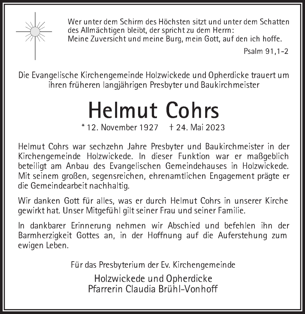  Traueranzeige für Helmut Cohrs vom 03.06.2023 aus Hellweger Anzeiger