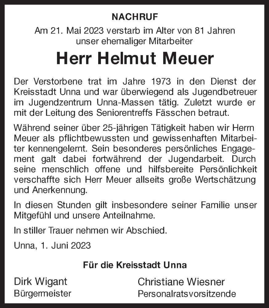  Traueranzeige für Helmut Meuer vom 03.06.2023 aus Hellweger Anzeiger