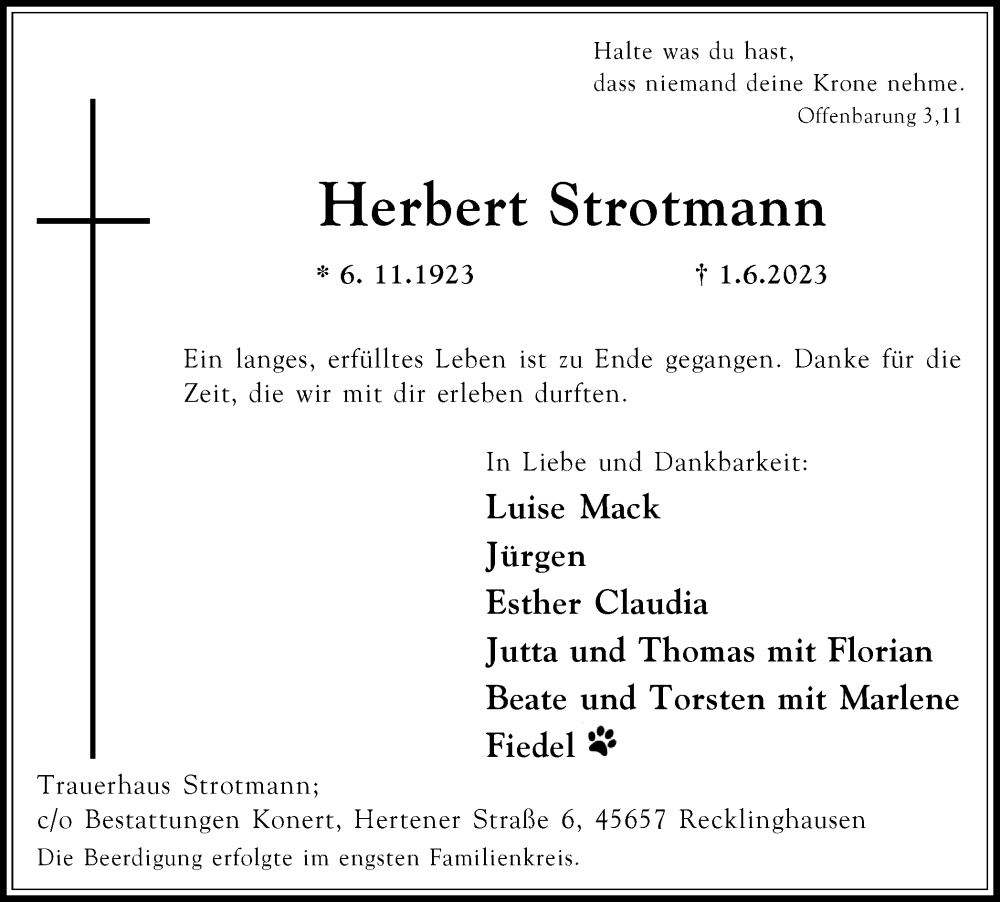 Traueranzeige für Herbert Strotmann vom 17.06.2023 aus Medienhaus Bauer