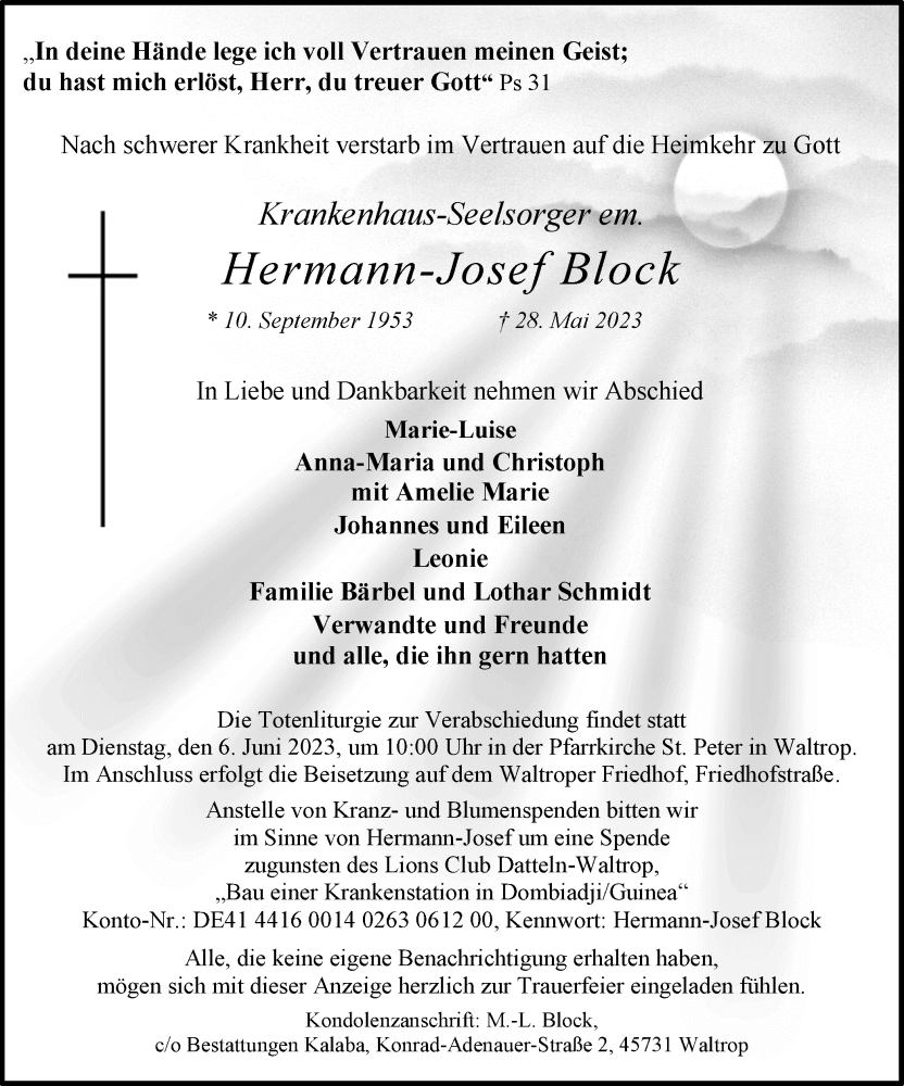  Traueranzeige für Hermann-Josef Block vom 03.06.2023 aus Medienhaus Bauer