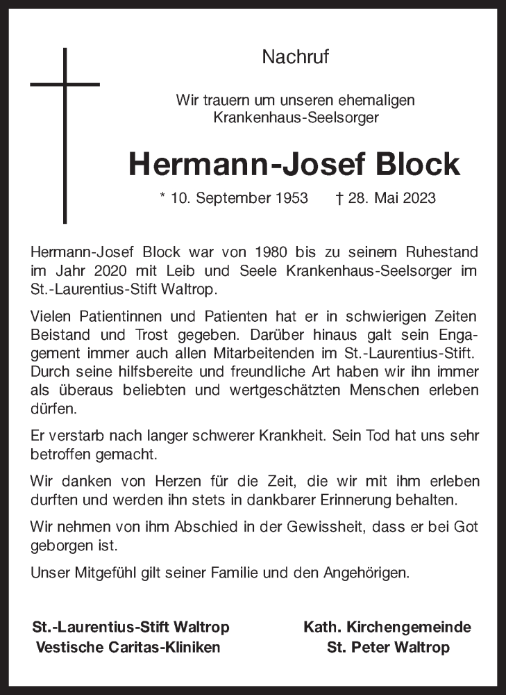  Traueranzeige für Hermann-Josef Block vom 03.06.2023 aus Medienhaus Bauer
