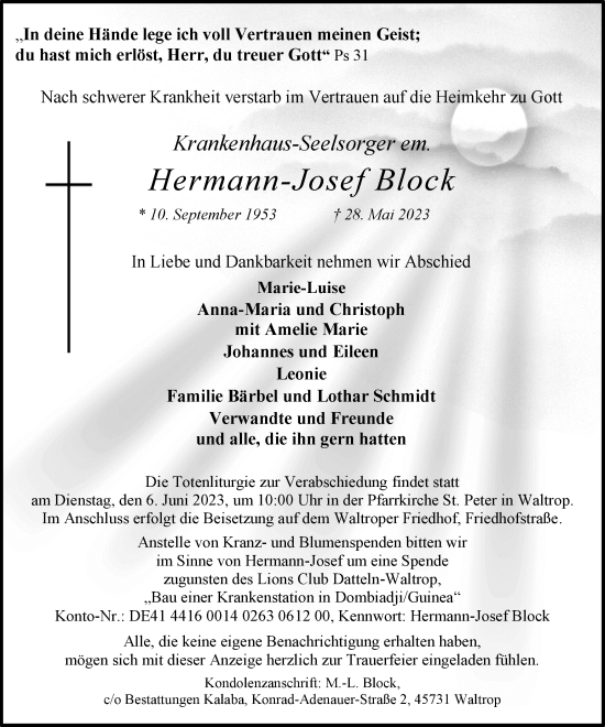 Traueranzeige von Hermann-Josef Block von Medienhaus Bauer