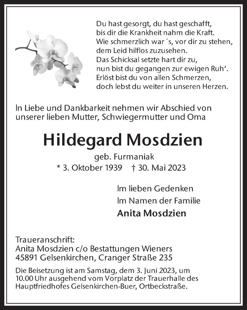  Traueranzeige für Hildegard Mosdzien vom 01.06.2023 aus Medienhaus Bauer