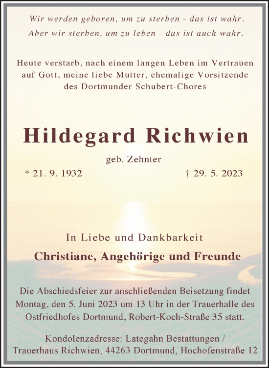 Traueranzeige von Hildegard Richwien 