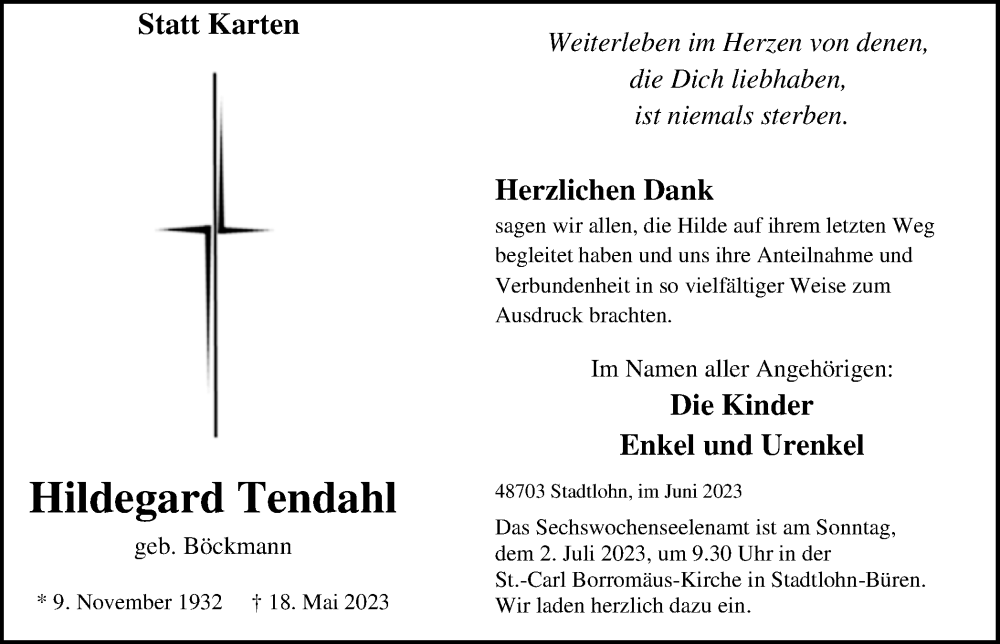 Traueranzeige für Hildegard Tendahl vom 28.06.2023 aus Münstersche Zeitung und Münsterland Zeitung