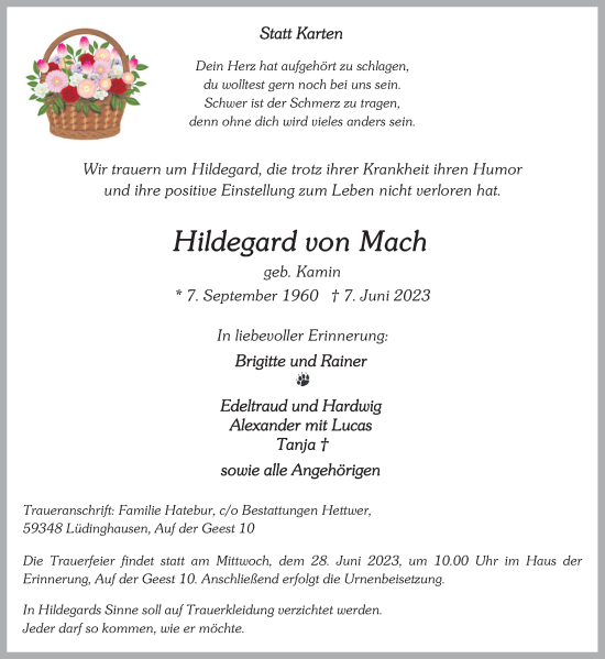 Traueranzeige von Hildegard von Mach von Ruhr Nachrichten