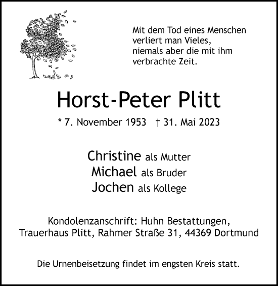 Traueranzeige von Horst-Peter Plitt 