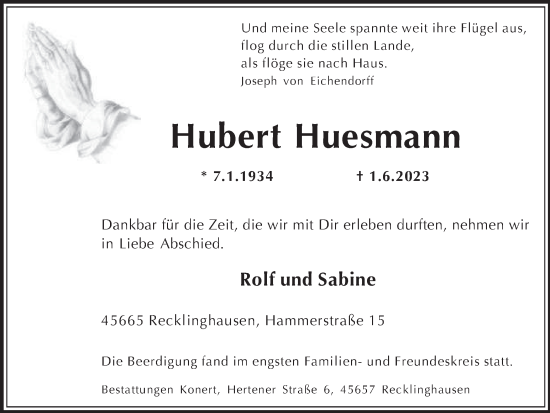 Traueranzeige von Hubert Huesmann von Medienhaus Bauer