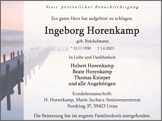 Traueranzeige von Ingeborg Horenkamp von Hellweger Anzeiger