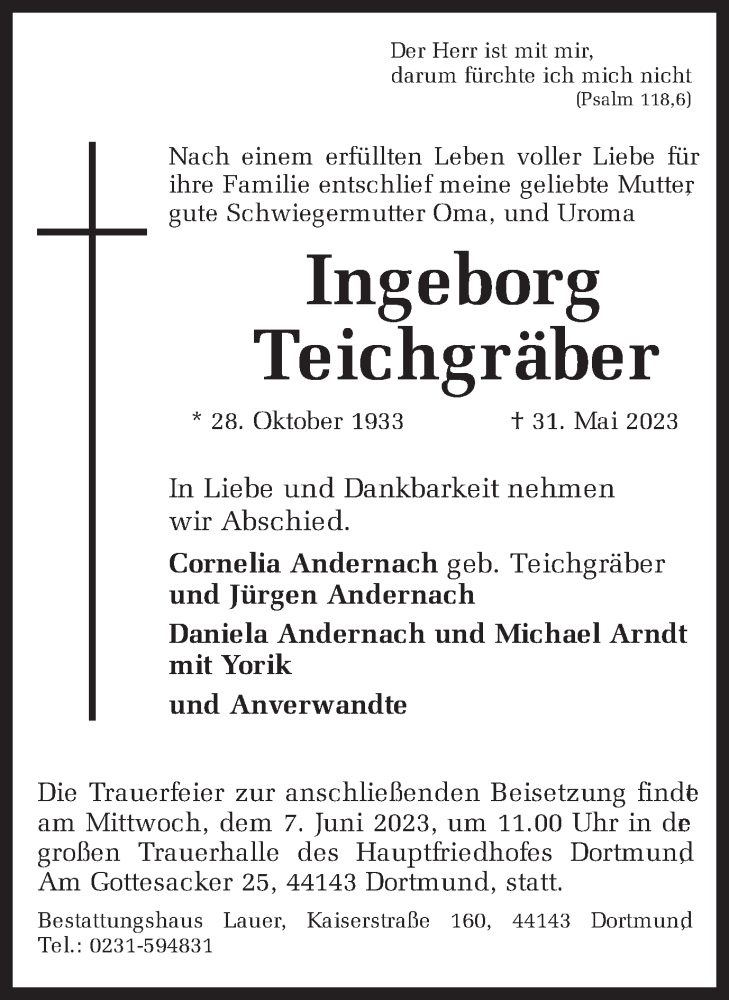  Traueranzeige für Ingeborg Teichgräber vom 03.06.2023 aus 