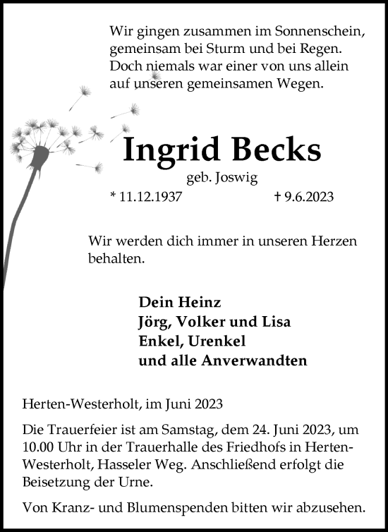 Traueranzeige von Ingrid Becks  von Medienhaus Bauer