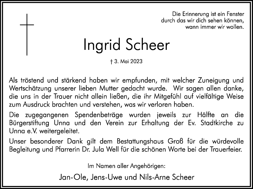  Traueranzeige für Ingrid Scheer vom 03.06.2023 aus Hellweger Anzeiger