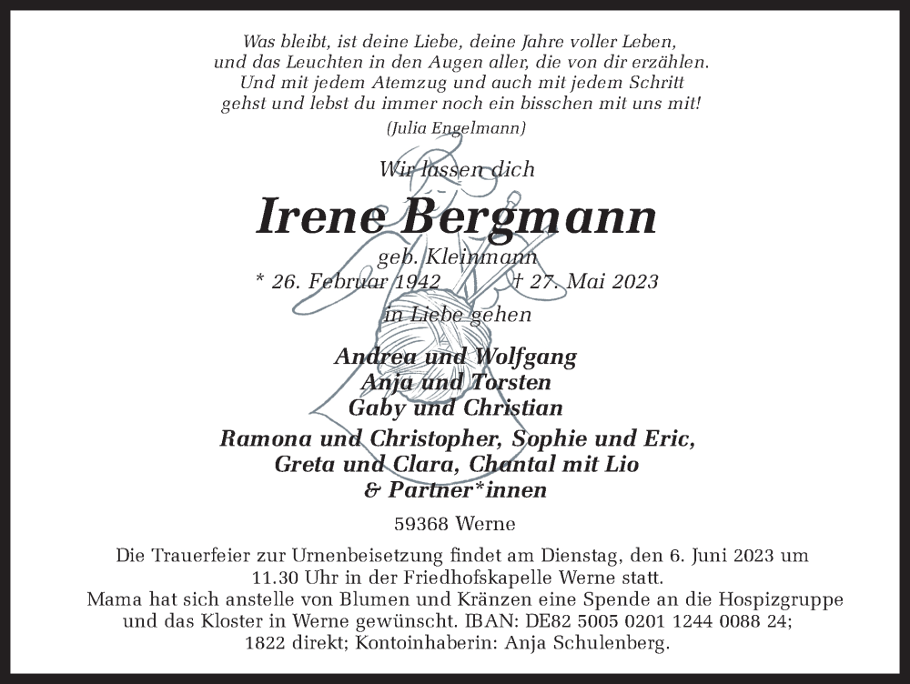  Traueranzeige für Irene Bergmann vom 02.06.2023 aus Ruhr Nachrichten