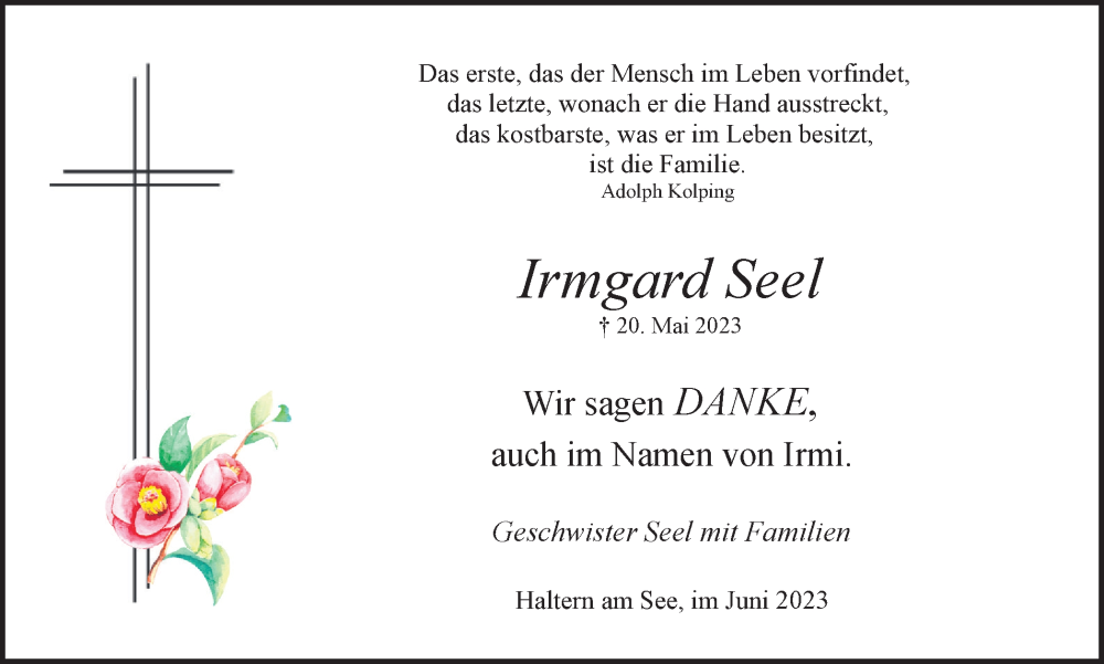  Traueranzeige für Irmgard Seel vom 17.06.2023 aus Ruhr Nachrichten und Halterner Zeitung