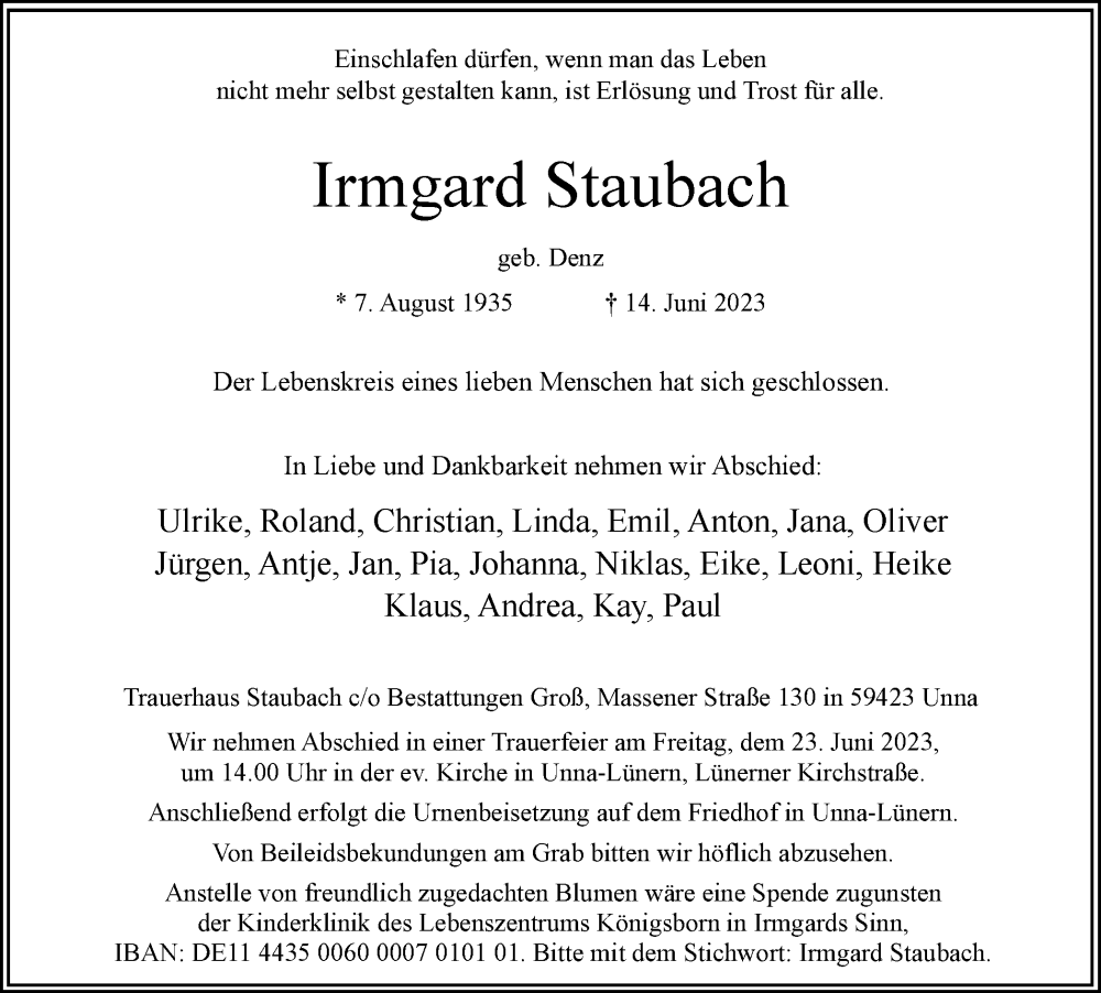  Traueranzeige für Irmgard Staubach vom 17.06.2023 aus Hellweger Anzeiger