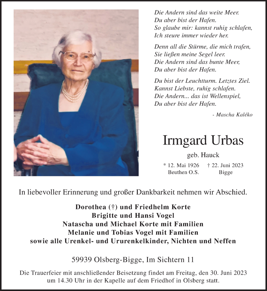  Traueranzeige für Irmgard Urbas vom 27.06.2023 aus Ruhr Nachrichten