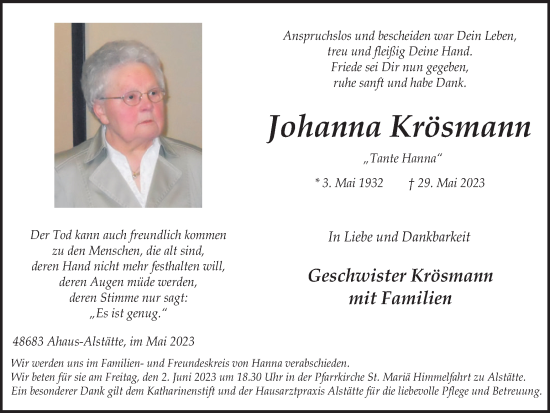 Traueranzeige von Johanna Krösmann von Münstersche Zeitung und Münsterland Zeitung