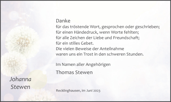 Traueranzeige von Johanna Stewen von Medienhaus Bauer