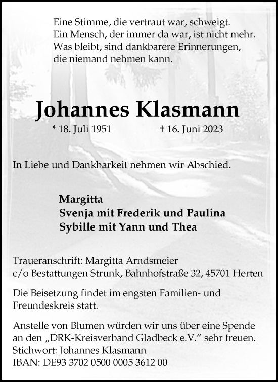 Traueranzeige von Johannes Klasmann von Medienhaus Bauer