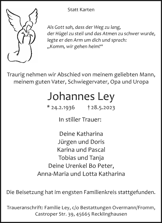 Traueranzeige von Johannes Ley von Medienhaus Bauer