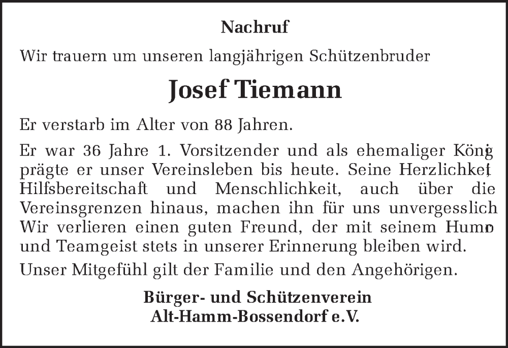  Traueranzeige für Josef Tiemann vom 08.06.2023 aus Ruhr Nachrichten und Halterner Zeitung