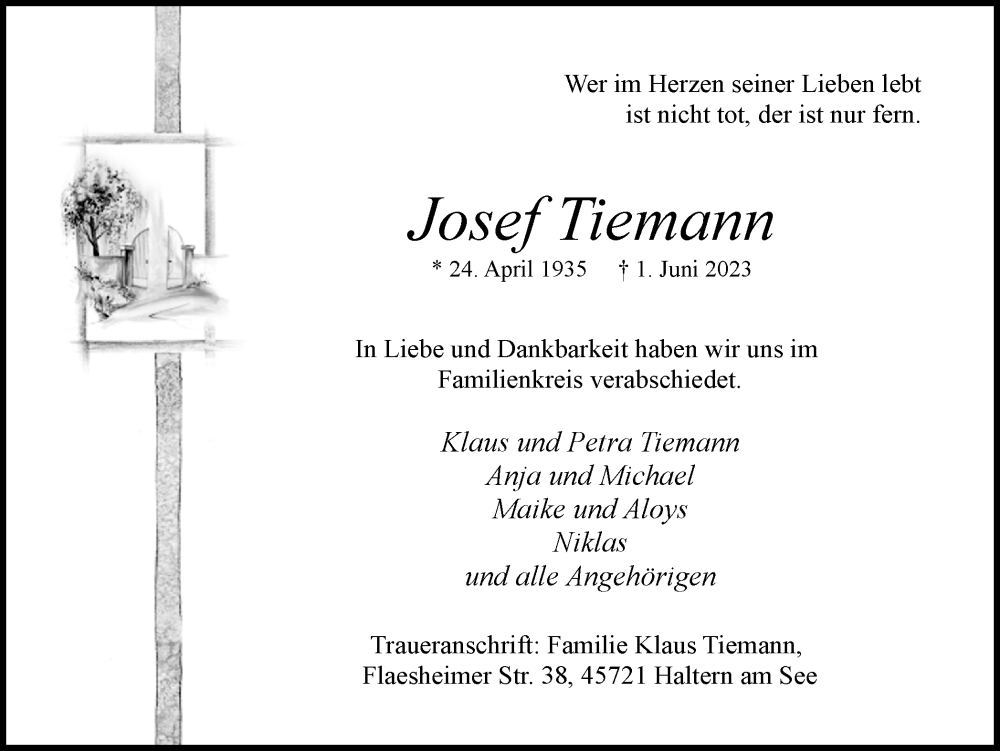  Traueranzeige für Josef Tiemann vom 07.06.2023 aus Ruhr Nachrichten und Halterner Zeitung