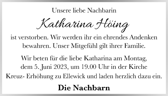 Traueranzeige von Katharina Höing von Münstersche Zeitung und Münsterland Zeitung