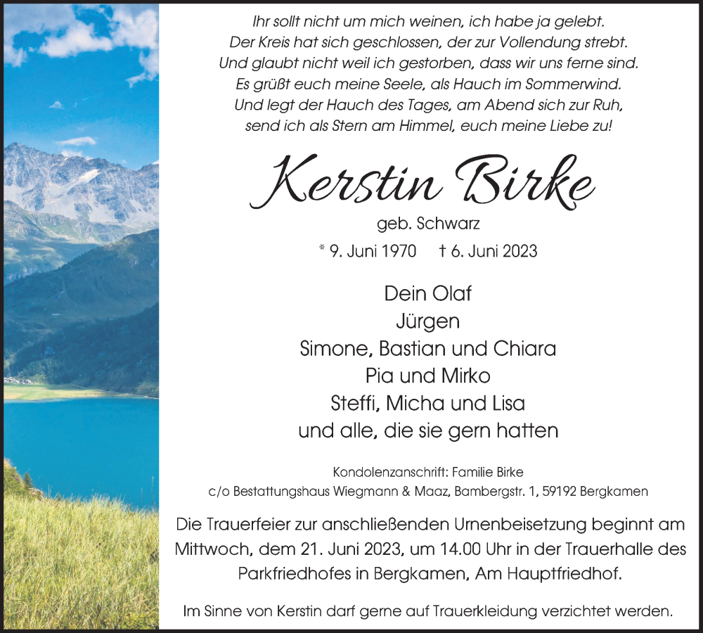  Traueranzeige für Kerstin Birke vom 17.06.2023 aus Hellweger Anzeiger