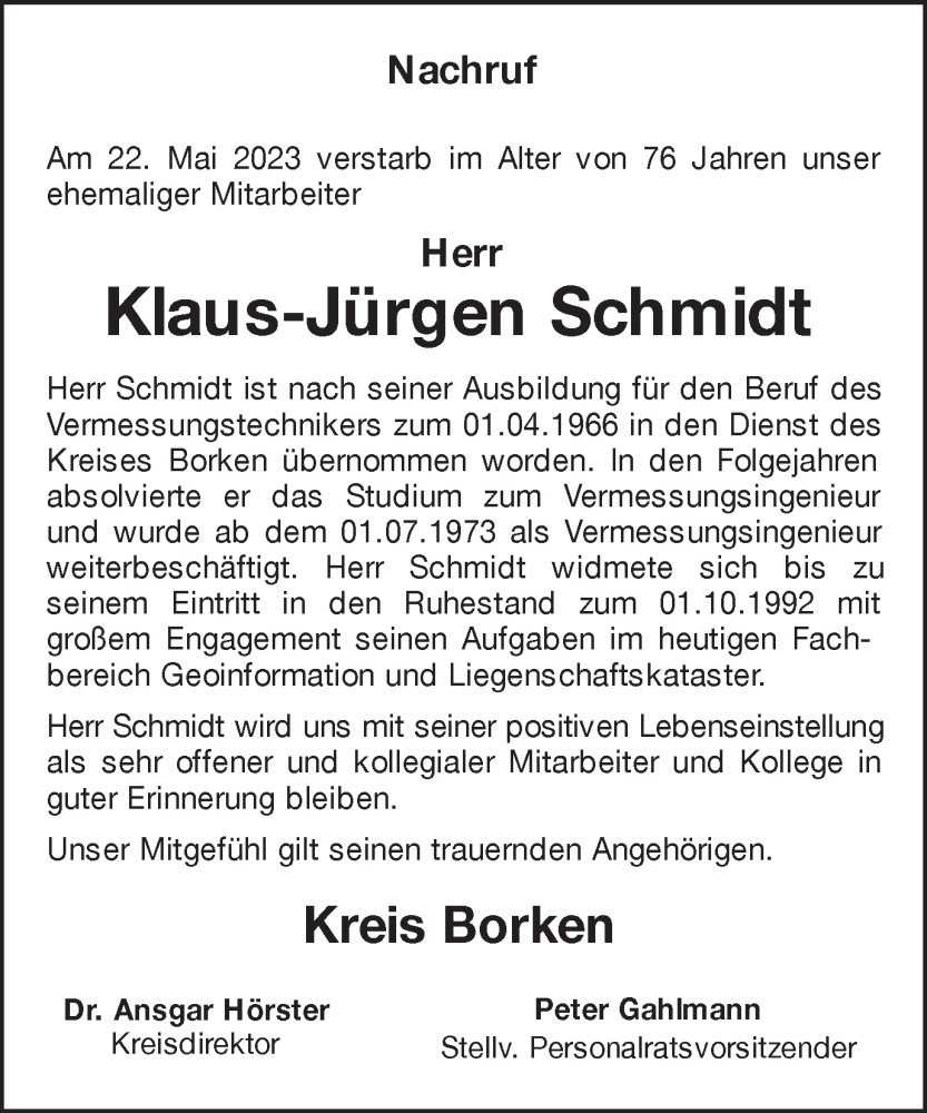  Traueranzeige für Klaus-Jürgen Schmidt vom 02.06.2023 aus Münstersche Zeitung und Münsterland Zeitung