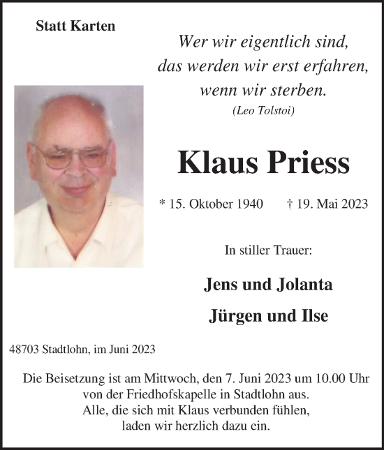 Traueranzeige von Klaus Priess von Münstersche Zeitung und Münsterland Zeitung