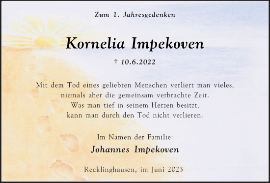Traueranzeige von Kornelia Impekoven von Medienhaus Bauer