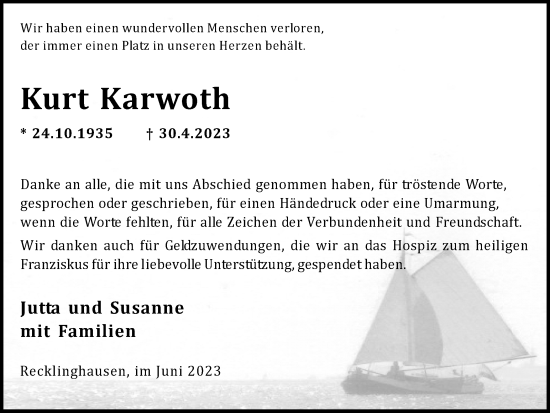 Traueranzeige von Kurt Karwoth von Medienhaus Bauer