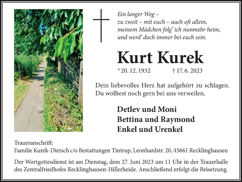 Traueranzeigen Von Kurt Kurek Sich Erinnernde 6926