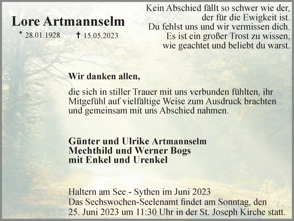  Traueranzeige für Lore Artmannselm vom 21.06.2023 aus Ruhr Nachrichten und Halterner Zeitung