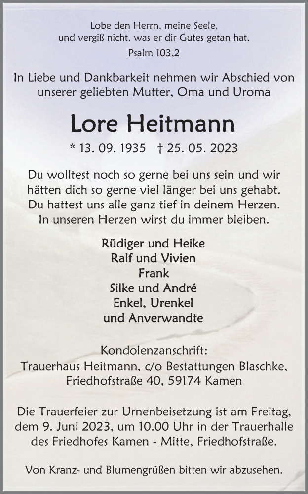  Traueranzeige für Lore Heitmann vom 03.06.2023 aus Hellweger Anzeiger