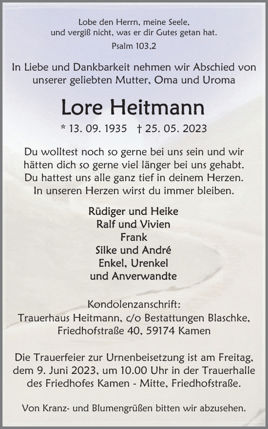 Traueranzeige von Lore Heitmann von Hellweger Anzeiger